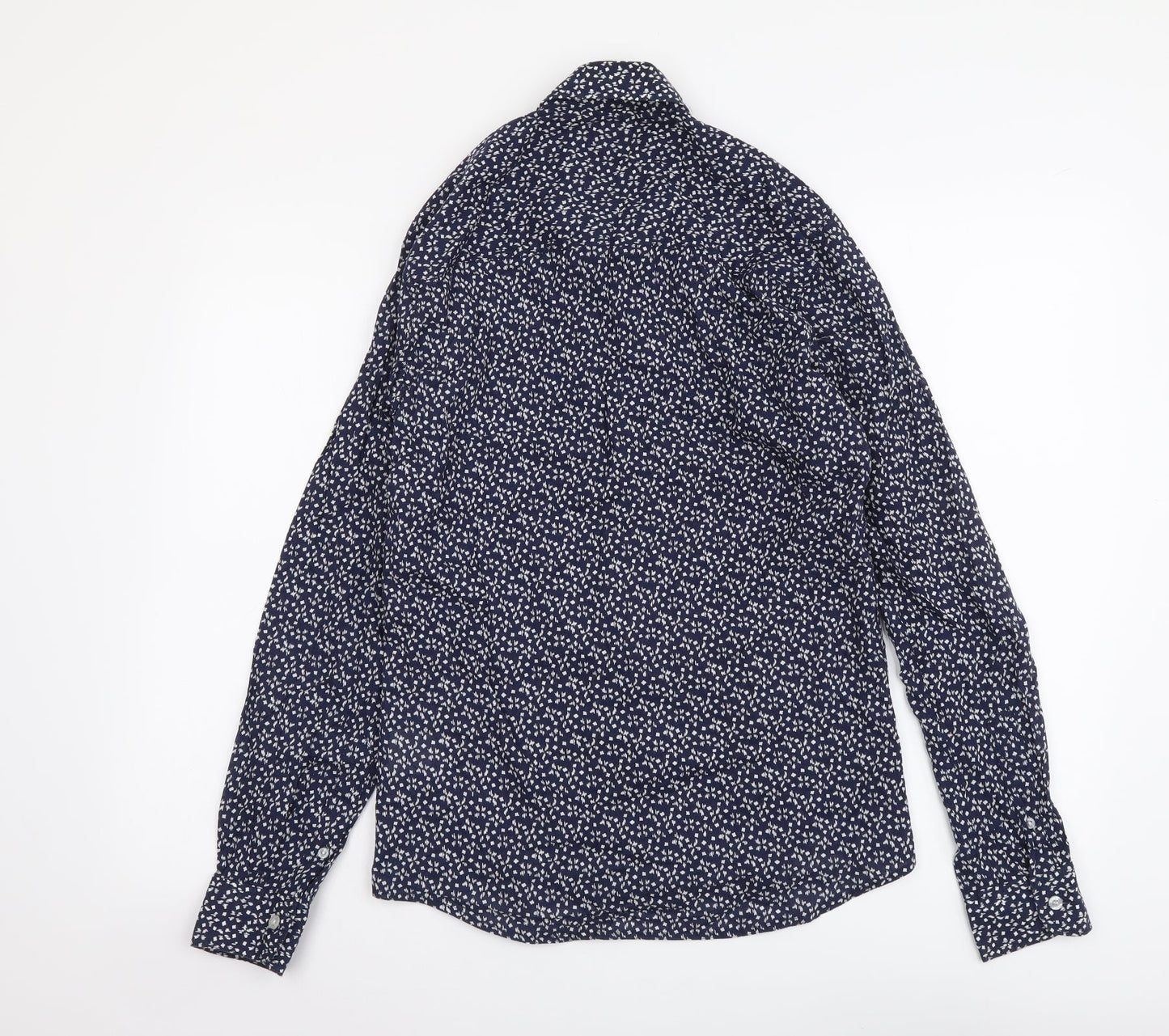 Solid Womens Blue Geometric Cotton Basic Button-Up Size S Collared