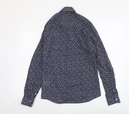 Solid Womens Blue Geometric Cotton Basic Button-Up Size S Collared
