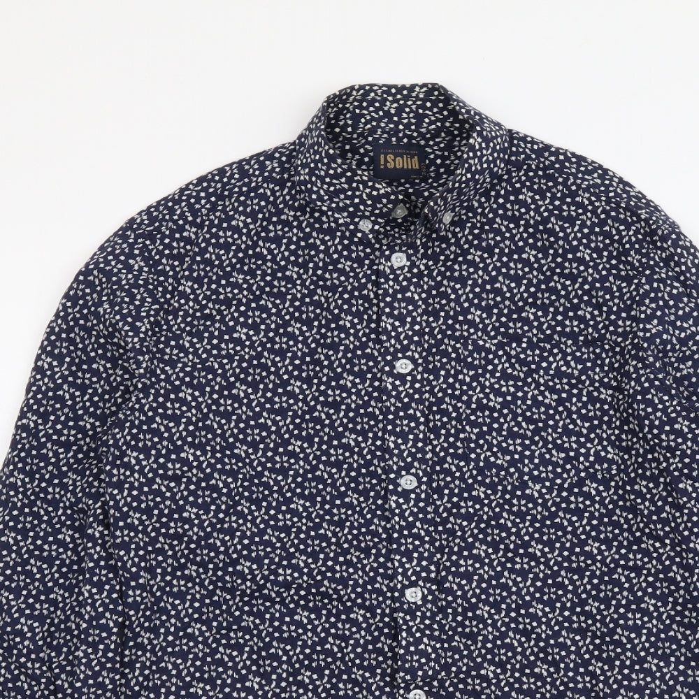 Solid Womens Blue Geometric Cotton Basic Button-Up Size S Collared