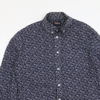 Solid Womens Blue Geometric Cotton Basic Button-Up Size S Collared