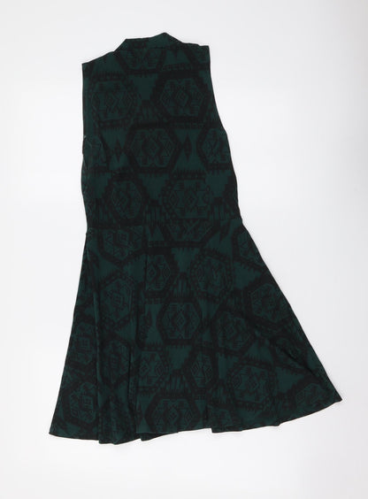 Topshop Womens Green Geometric Cotton A-Line Size 10 Mock Neck Pullover