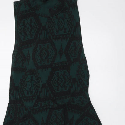 Topshop Womens Green Geometric Cotton A-Line Size 10 Mock Neck Pullover