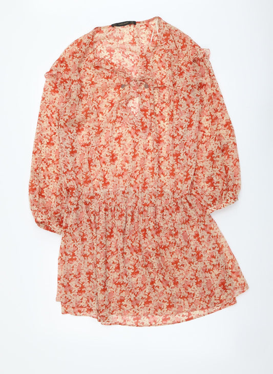 Zara Womens Red Floral Polyester A-Line Size S Round Neck Pullover