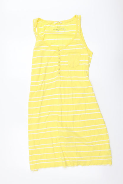 H&M Womens Yellow Striped Cotton Tank Dress Size L Scoop Neck Button