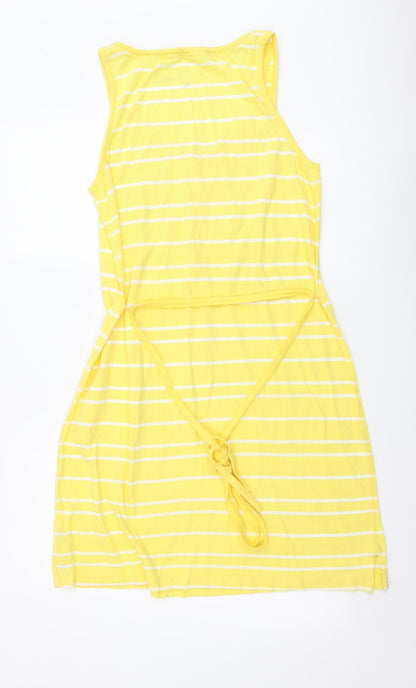 H&M Womens Yellow Striped Cotton Tank Dress Size L Scoop Neck Button