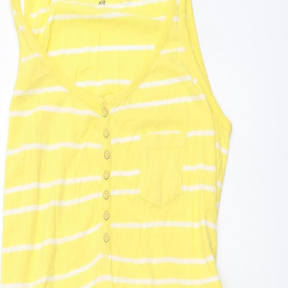 H&M Womens Yellow Striped Cotton Tank Dress Size L Scoop Neck Button