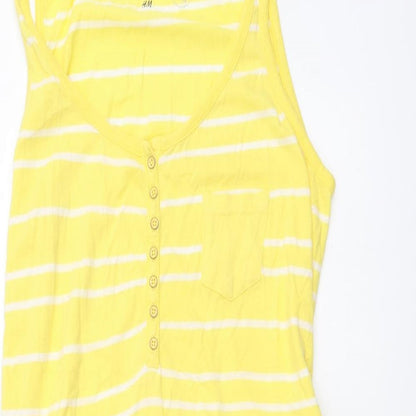 H&M Womens Yellow Striped Cotton Tank Dress Size L Scoop Neck Button