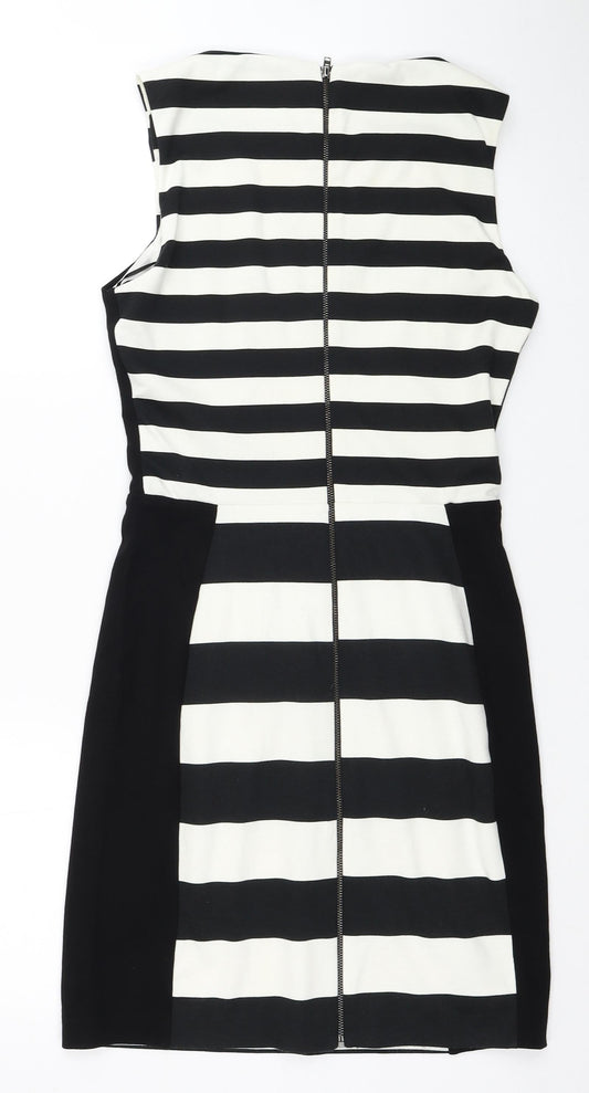 Mango Womens Black Striped Polyester Pencil Dress Size S Square Neck Zip