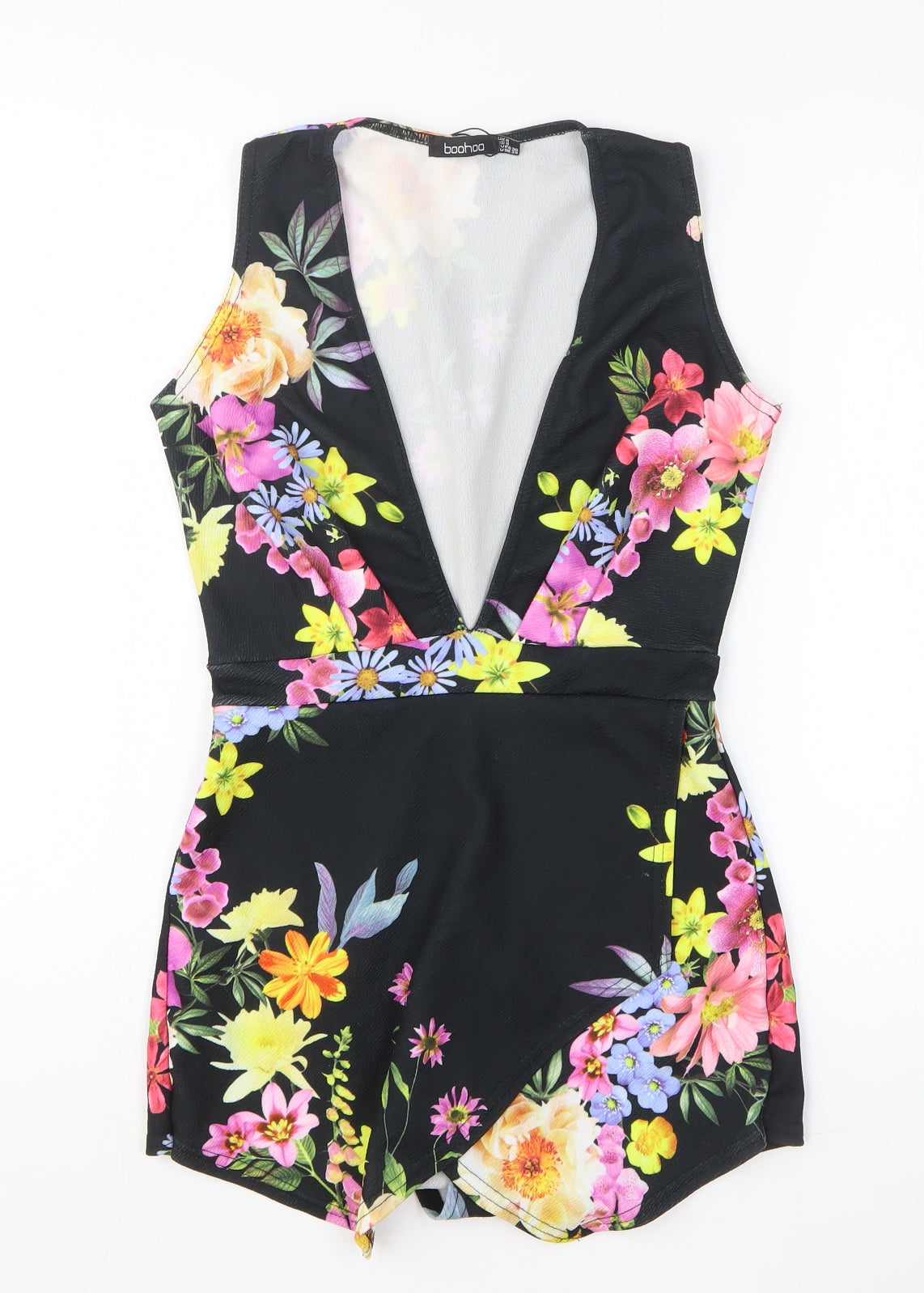 Boohoo Womens Black Floral Polyester Romper One-Piece Size 8 Pullover