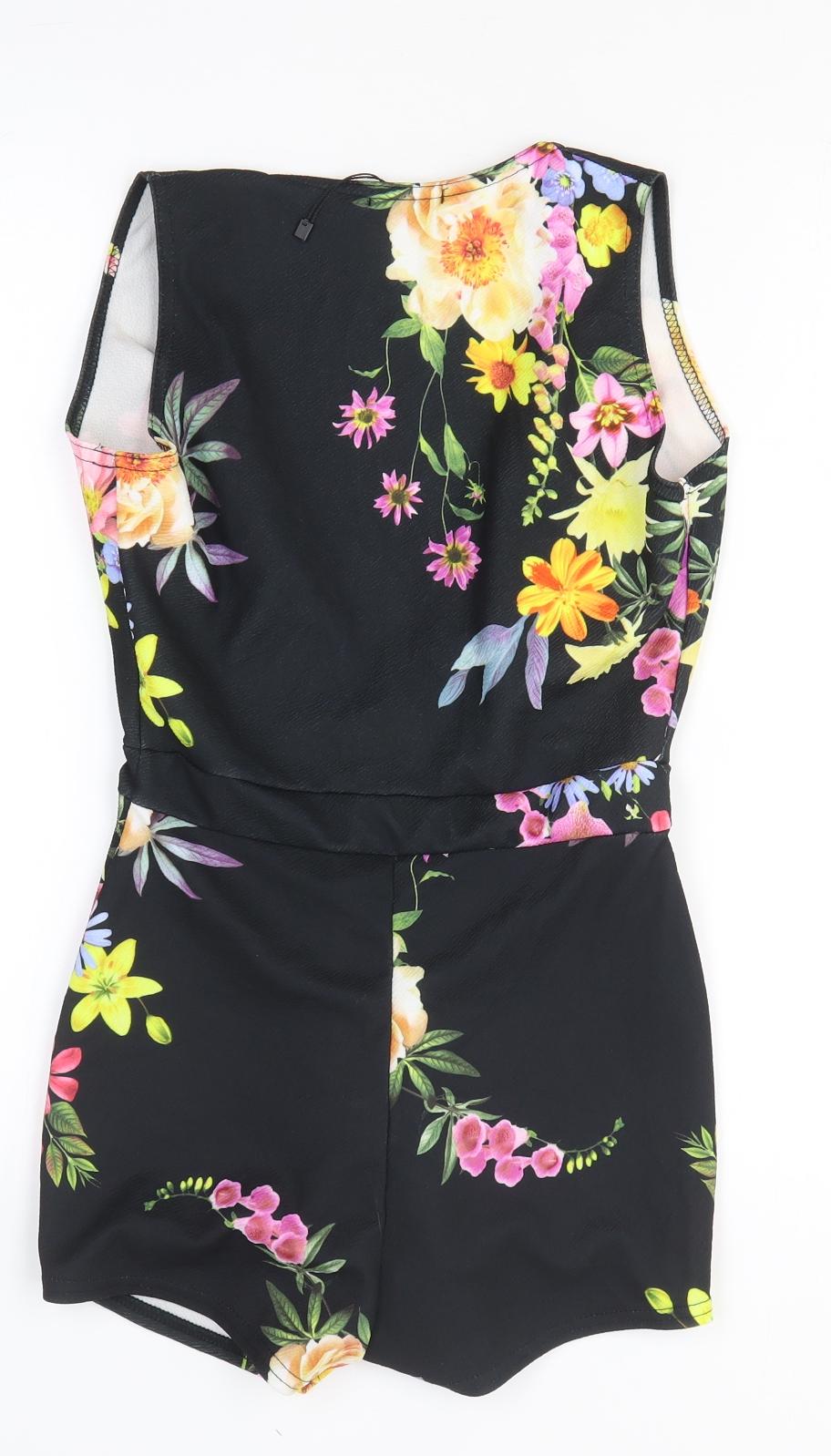 Boohoo Womens Black Floral Polyester Romper One-Piece Size 8 Pullover