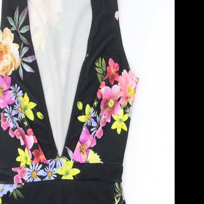 Boohoo Womens Black Floral Polyester Romper One-Piece Size 8 Pullover