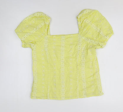 Papaya Womens Yellow Floral Cotton Basic T-Shirt Size 8 Square Neck