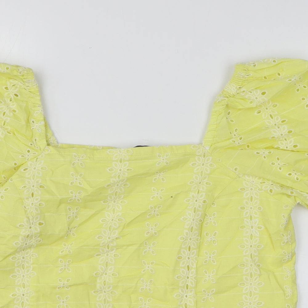 Papaya Womens Yellow Floral Cotton Basic T-Shirt Size 8 Square Neck