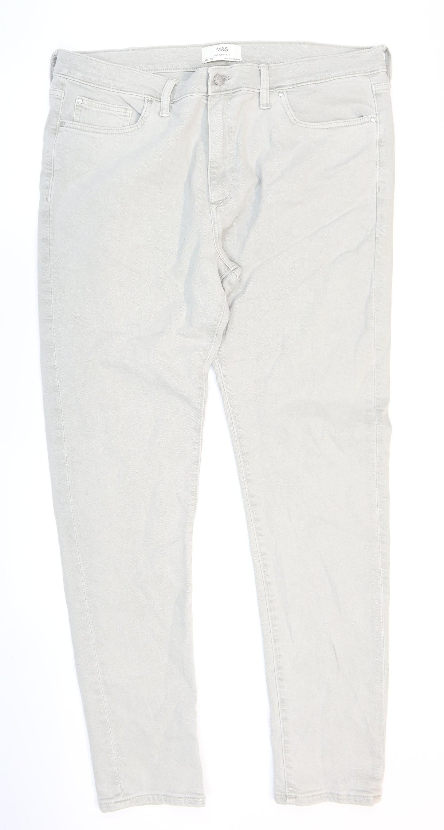 Marks and Spencer Mens Grey Cotton Skinny Jeans Size 40 in L33 in Regular Zip