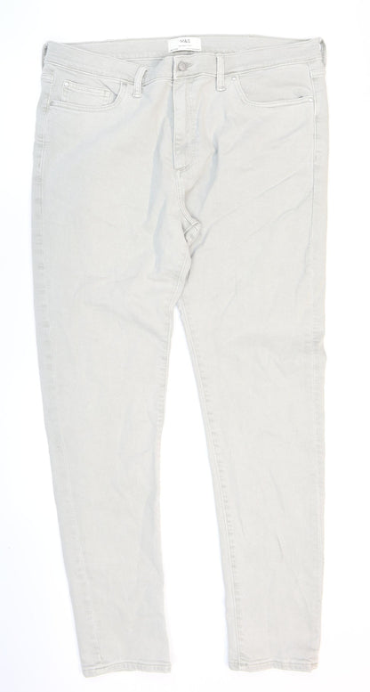 Marks and Spencer Mens Grey Cotton Skinny Jeans Size 40 in L33 in Regular Zip