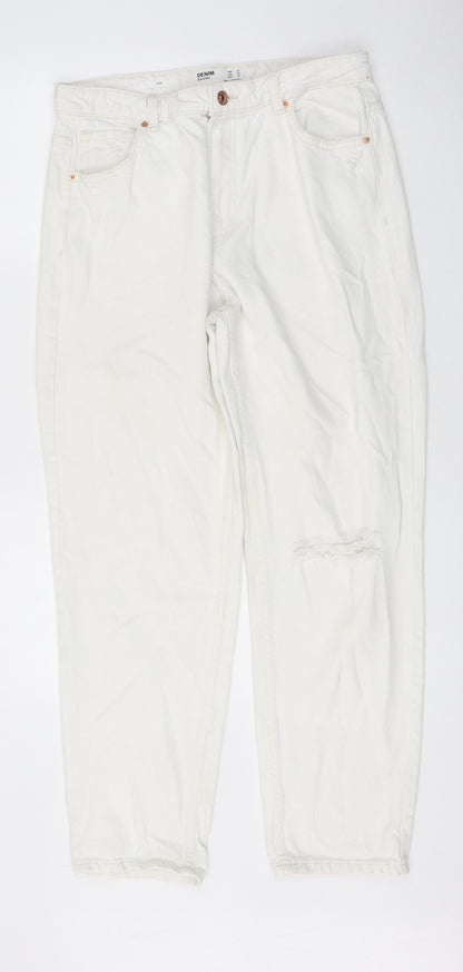 Bershka Womens White 100% Cotton Straight Jeans Size 10 L27 in Regular Zip