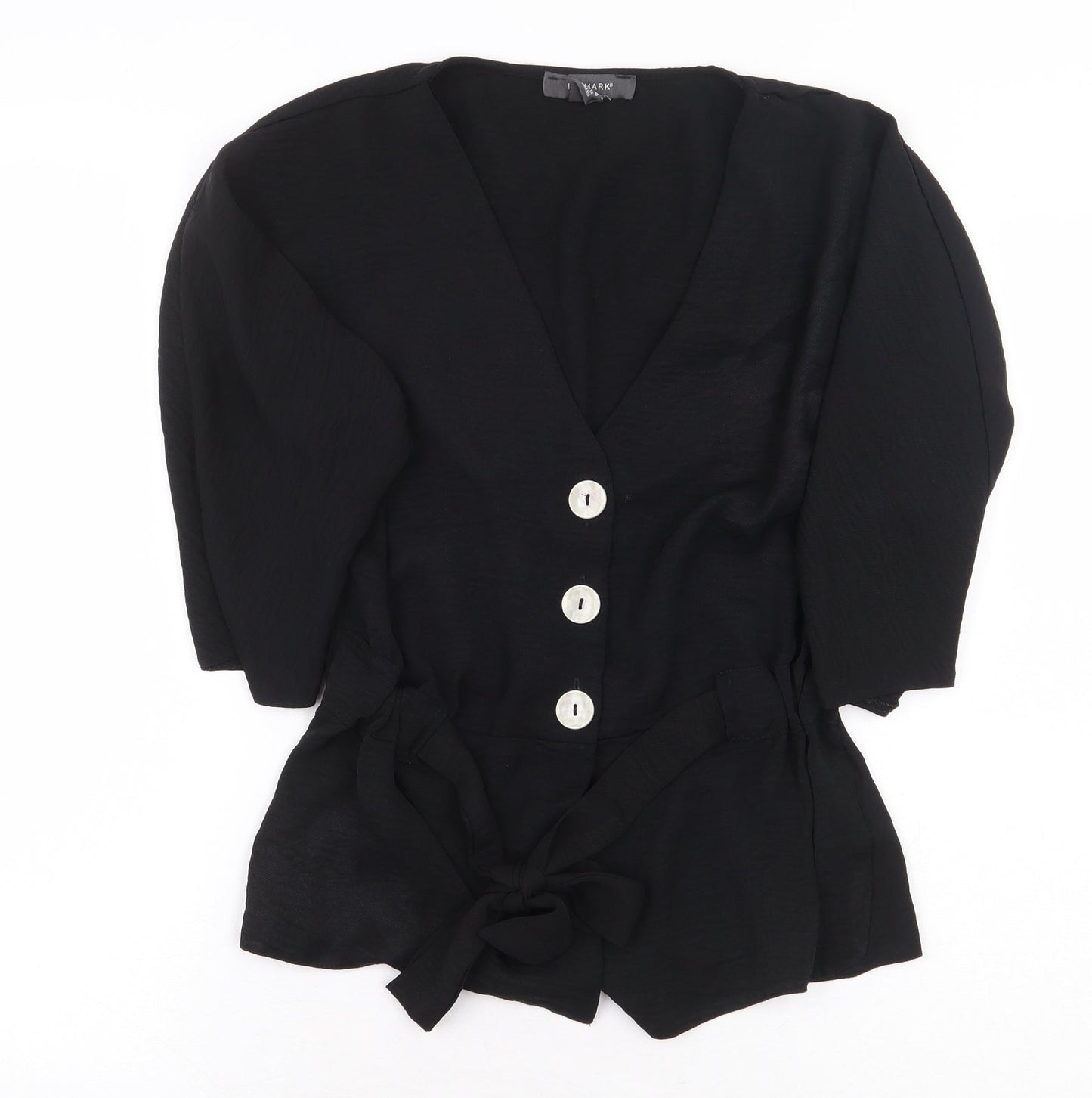 Primark Womens Black Polyester Basic Button-Up Size 8 V-Neck