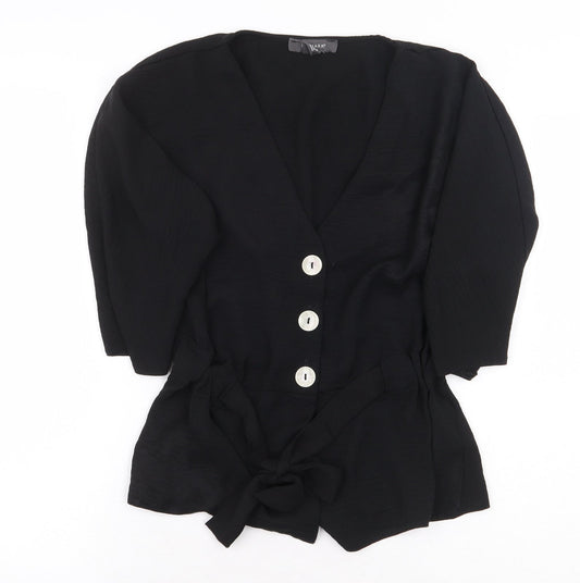Primark Womens Black Polyester Basic Button-Up Size 8 V-Neck