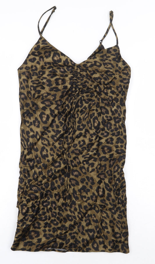 Zara Womens Beige Animal Print Viscose Mini Size XS V-Neck Pullover