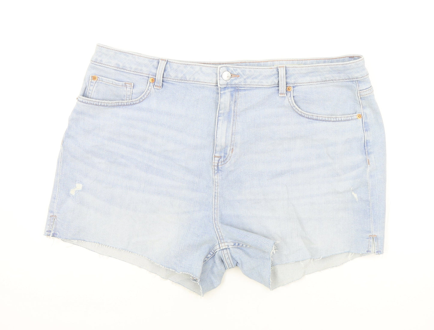 Marks and Spencer Womens Blue Cotton Mom Shorts Size 22 Regular Zip - Inside leg less than 3 inches.