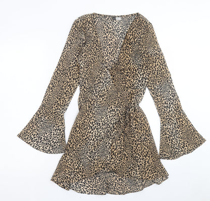 H&M Womens Brown Animal Print Polyester Wrap Dress Size 6 V-Neck Tie - Leopard Print