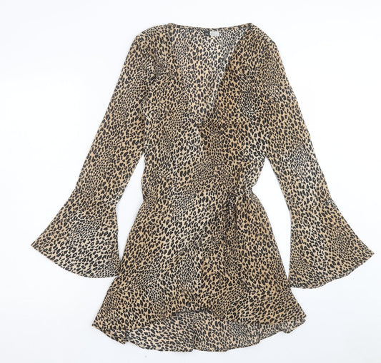 H&M Womens Brown Animal Print Polyester Wrap Dress Size 6 V-Neck Tie - Leopard Print