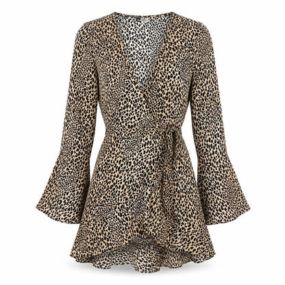 H&M Womens Brown Animal Print Polyester Wrap Dress Size 6 V-Neck Tie - Leopard Print