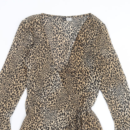 H&M Womens Brown Animal Print Polyester Wrap Dress Size 6 V-Neck Tie - Leopard Print