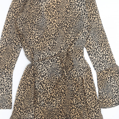 H&M Womens Brown Animal Print Polyester Wrap Dress Size 6 V-Neck Tie - Leopard Print