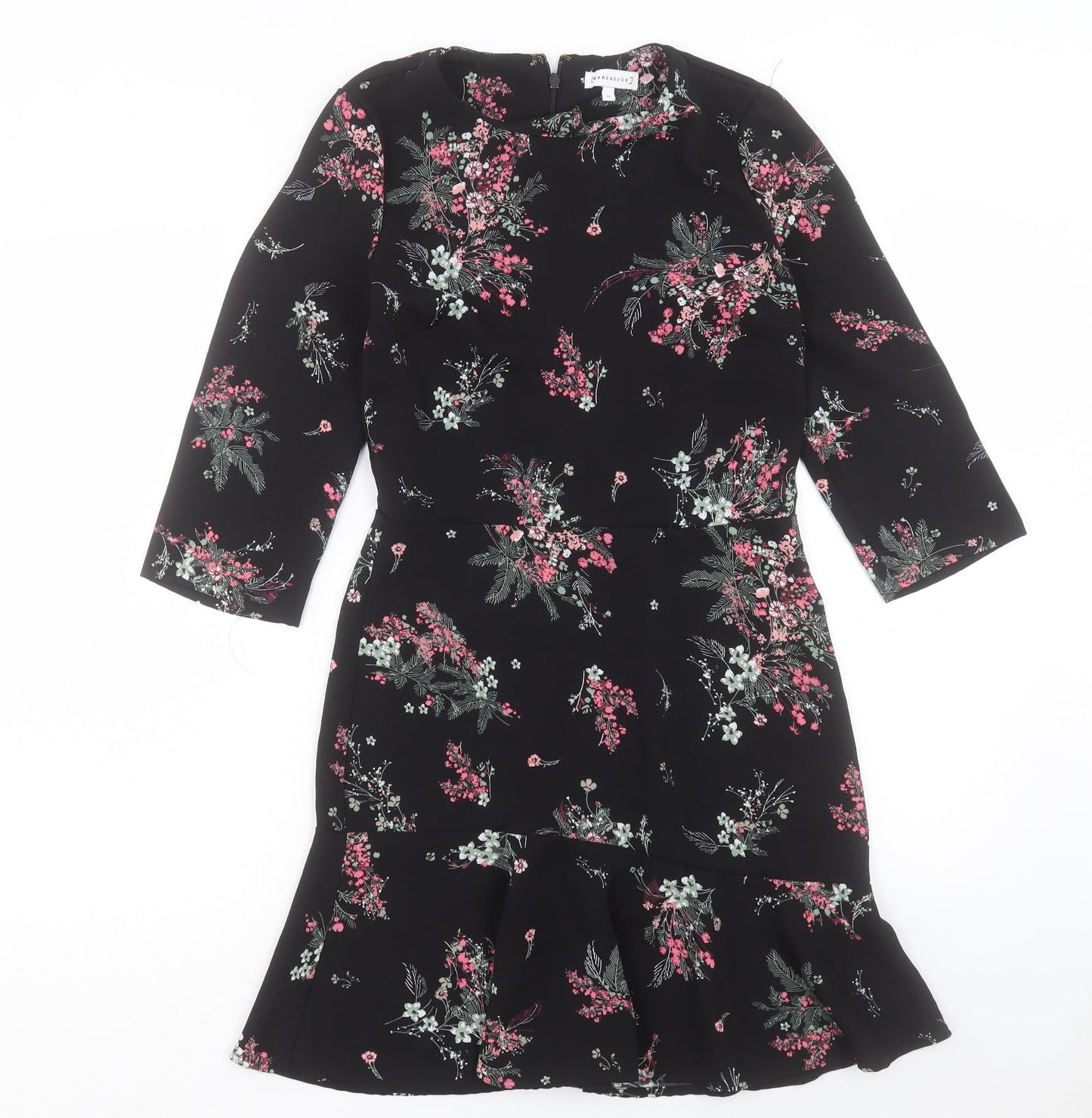 Warehouse Womens Black Floral Polyester A-Line Size 10 Crew Neck Zip