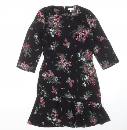 Warehouse Womens Black Floral Polyester A-Line Size 10 Crew Neck Zip
