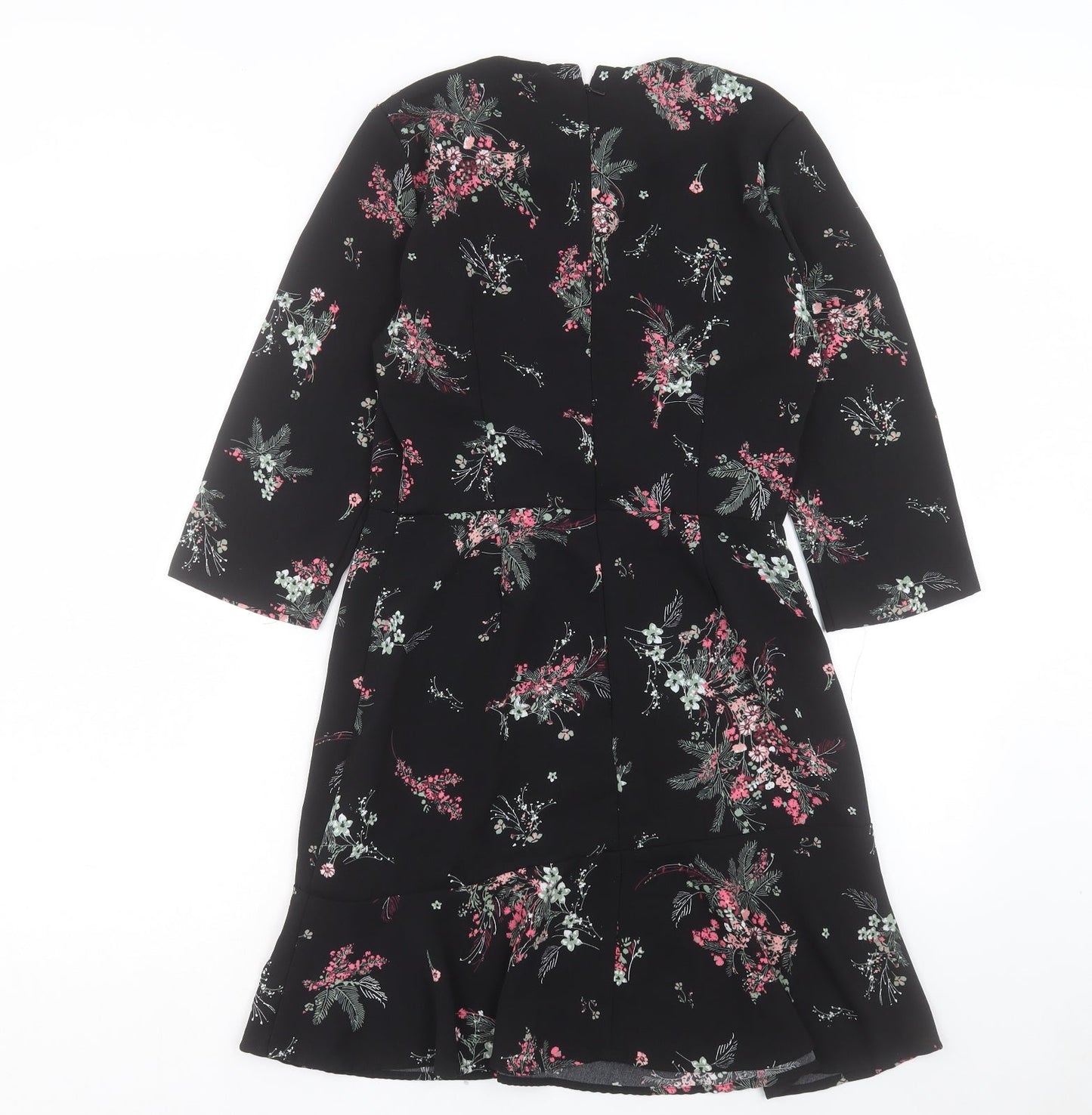 Warehouse Womens Black Floral Polyester A-Line Size 10 Crew Neck Zip