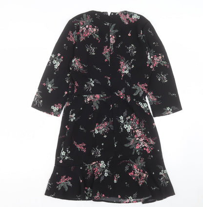 Warehouse Womens Black Floral Polyester A-Line Size 10 Crew Neck Zip