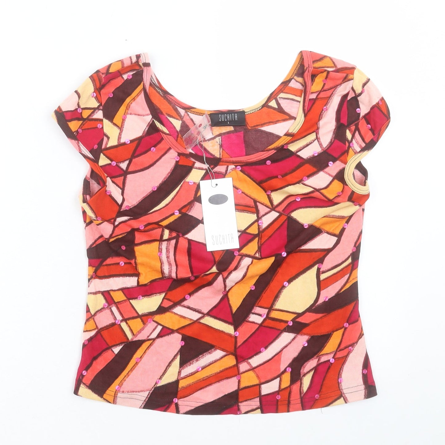 Suchita Womens Multicoloured Geometric Cotton Basic T-Shirt Size S Boat Neck