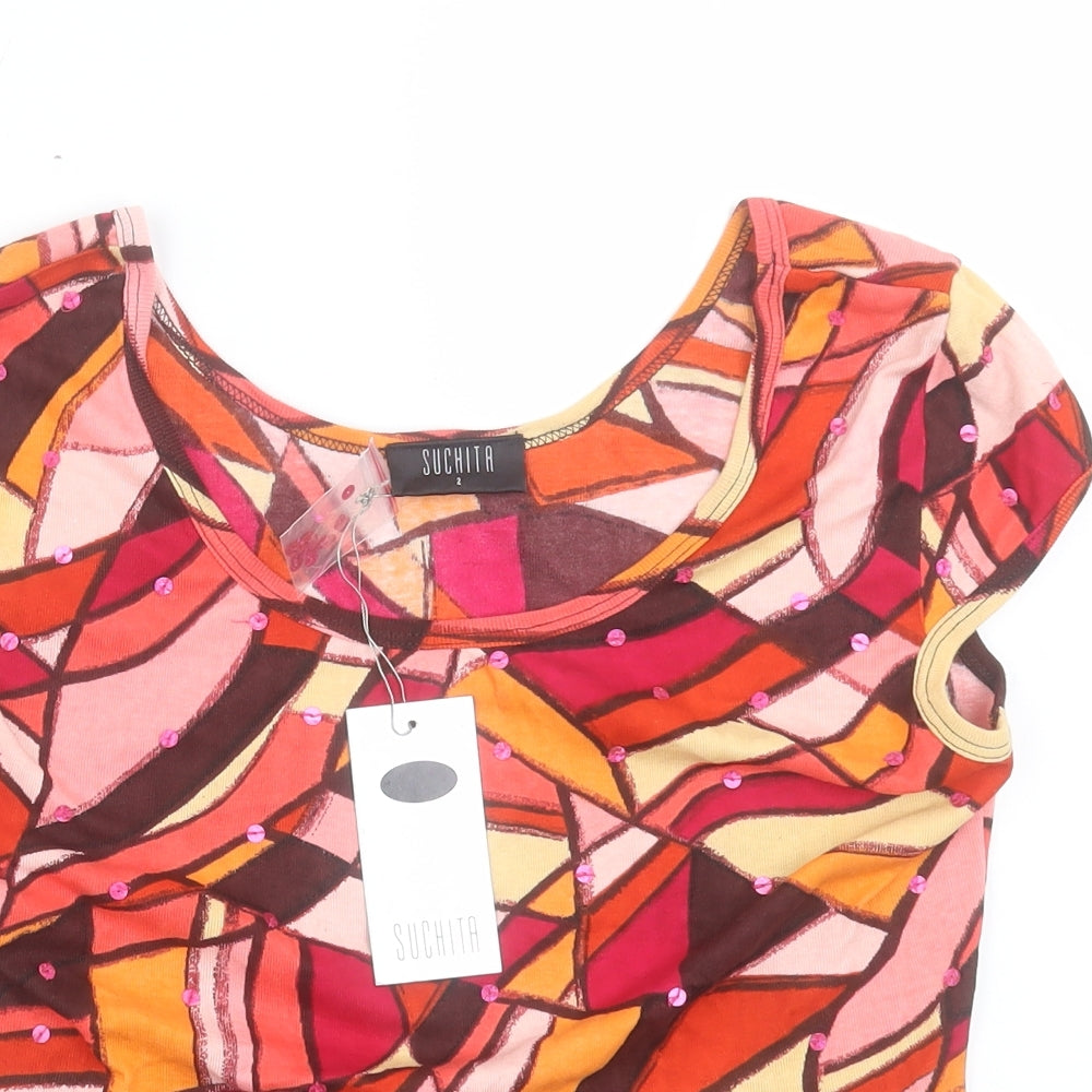 Suchita Womens Multicoloured Geometric Cotton Basic T-Shirt Size S Boat Neck