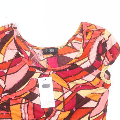 Suchita Womens Multicoloured Geometric Cotton Basic T-Shirt Size S Boat Neck