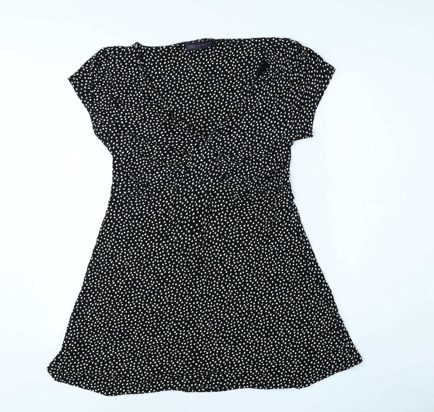 Marks and Spencer Womens Black Polka Dot Viscose Skater Dress Size 8 V-Neck Pullover