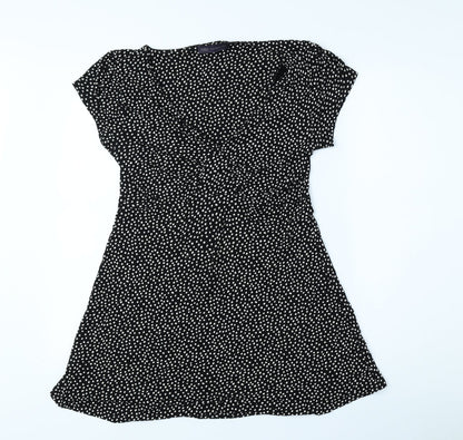 Marks and Spencer Womens Black Polka Dot Viscose Skater Dress Size 8 V-Neck Pullover