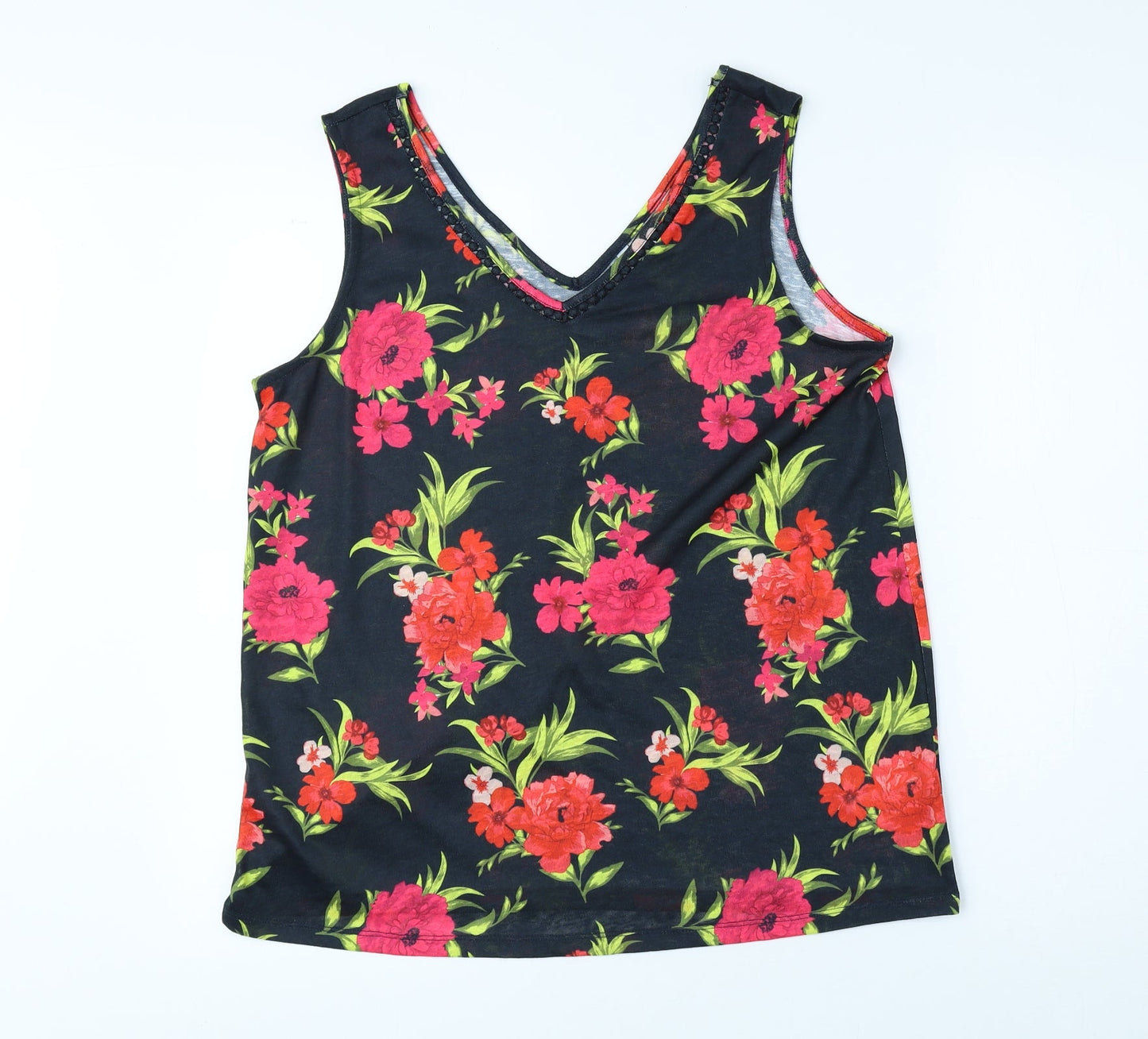 Bonmarche Womens Black Floral Polyester Basic Tank Size 12 V-Neck