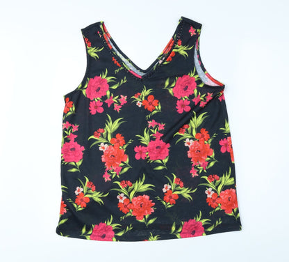 Bonmarche Womens Black Floral Polyester Basic Tank Size 12 V-Neck