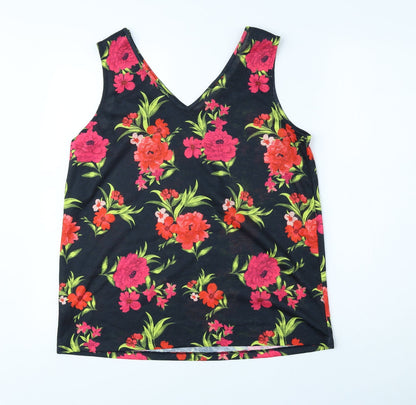 Bonmarche Womens Black Floral Polyester Basic Tank Size 12 V-Neck