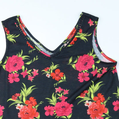 Bonmarche Womens Black Floral Polyester Basic Tank Size 12 V-Neck