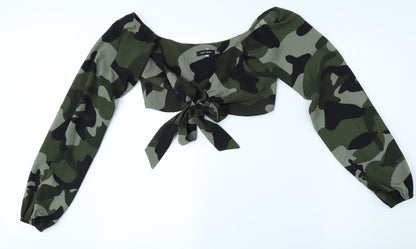 I SAW IT FIRST Womens Green Camouflage Polyester Cropped Blouse Size 6 Scoop Neck - Tie Front