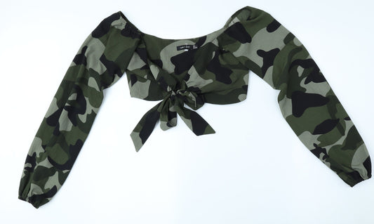 I SAW IT FIRST Womens Green Camouflage Polyester Cropped Blouse Size 6 Scoop Neck - Tie Front
