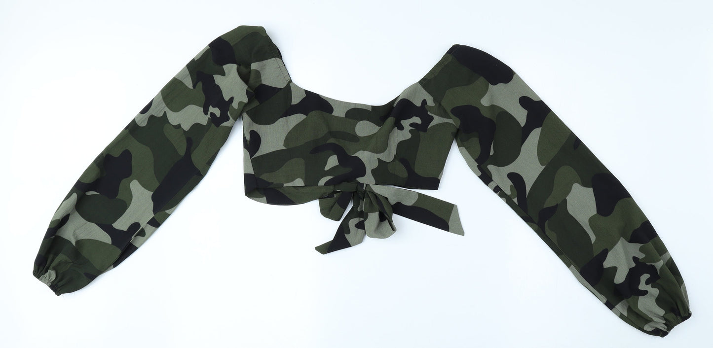 I SAW IT FIRST Womens Green Camouflage Polyester Cropped Blouse Size 6 Scoop Neck - Tie Front