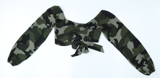 I SAW IT FIRST Womens Green Camouflage Polyester Cropped Blouse Size 6 Scoop Neck - Tie Front