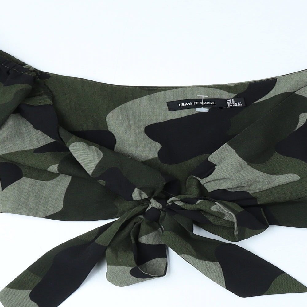 I SAW IT FIRST Womens Green Camouflage Polyester Cropped Blouse Size 6 Scoop Neck - Tie Front