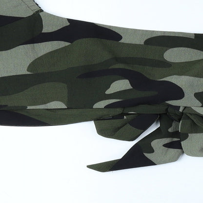 I SAW IT FIRST Womens Green Camouflage Polyester Cropped Blouse Size 6 Scoop Neck - Tie Front