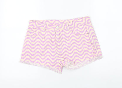 Marks and Spencer Girls Purple Geometric Cotton Mom Shorts Size 14-15 Years Regular Zip