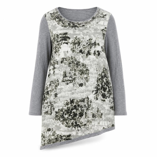 Anthology Womens Grey Geometric Polyester Tunic Blouse Size 14 Round Neck - Asymmetric